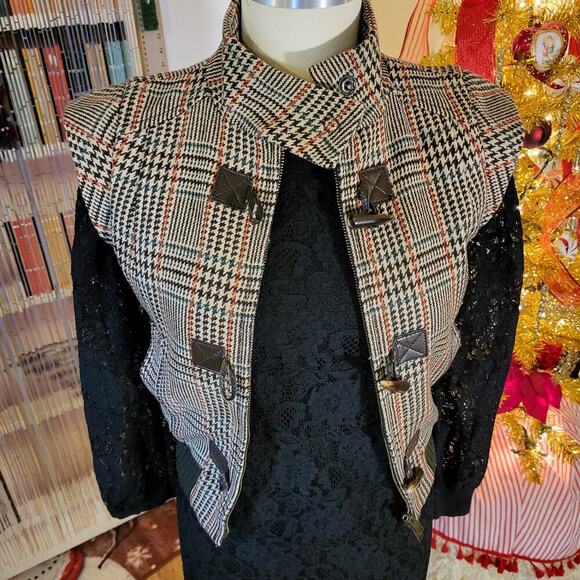 Vintage Benetton houndstooth vest brown trim cap sleeve wool blend small - Picture 2 of 16